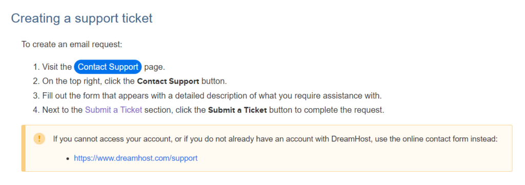 DreamHost Support ticket