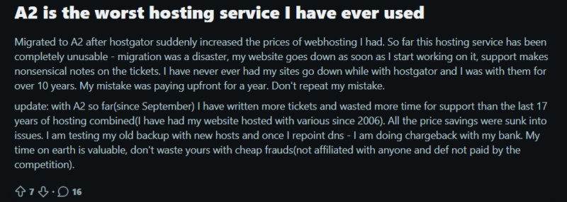 Customer Complaint - A2Hosting